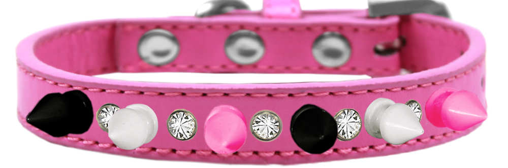 Crystal with Black, White and Bright Pink Spikes Dog Collar Bright Pink Size 10